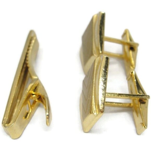 Asymmetrical Cufflinks Tie Clip Set Gold Tone Wedding Tux Vintage - Picture 5 of 16